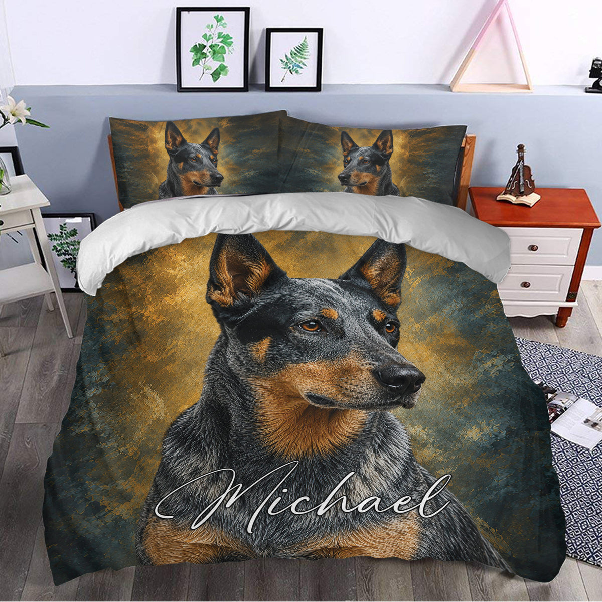 Australian Cattle duvet cover styled in a bedroom with bold dog portrait artwork and dark rustic colors