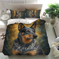 Australian Cattle bedding set displayed in a bright bedroom with matching dog portrait pillowcases