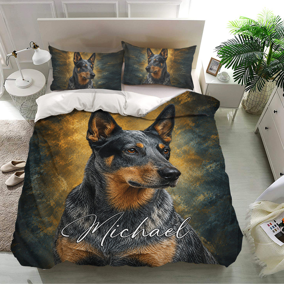 Australian Cattle bedding set displayed in a bright bedroom with matching dog portrait pillowcases