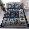Australian Cattle Dog duvet cover bedding set in blue patchwork style with paw prints, bones, and dog portraits
