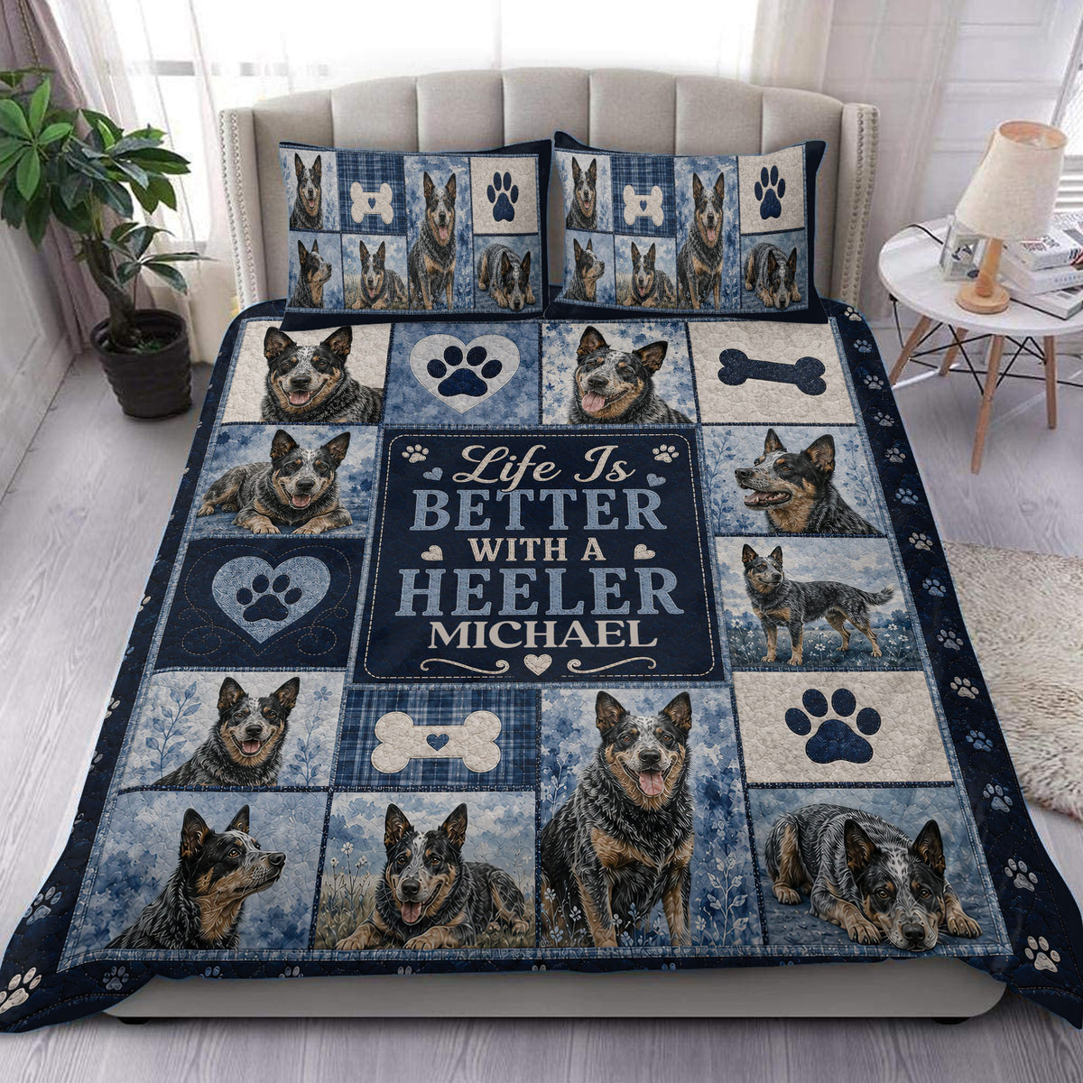 Australian Cattle Dog duvet cover bedding set in blue patchwork style with paw prints, bones, and dog portraits
