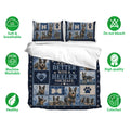 Australian Cattle Dog bedding set displayed with matching pillowcases in a blue and navy patchwork design