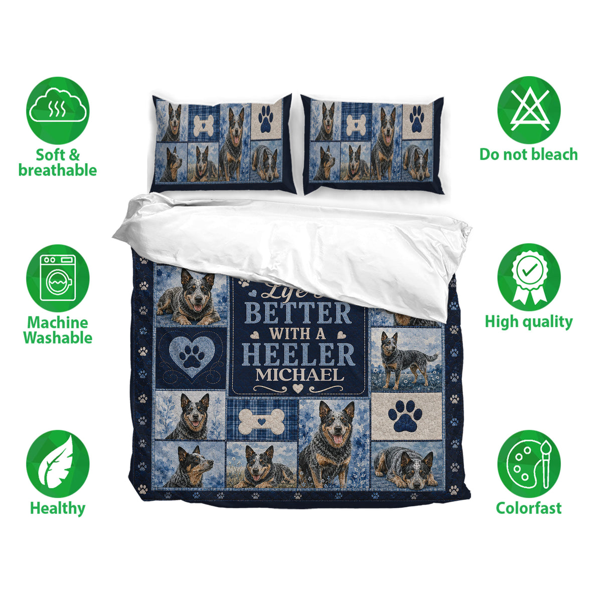 Australian Cattle Dog bedding set displayed with matching pillowcases in a blue and navy patchwork design