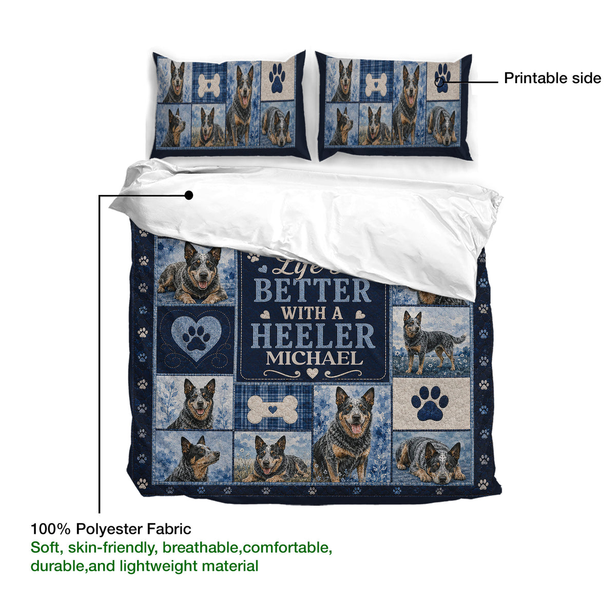 Australian Cattle Dog duvet cover showing printed artwork, blue patchwork panels, paw prints, and dog portraits
