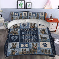 Australian Cattle Dog duvet cover bedding set styled in a bedroom with blue dog-themed artwork and matching pillows