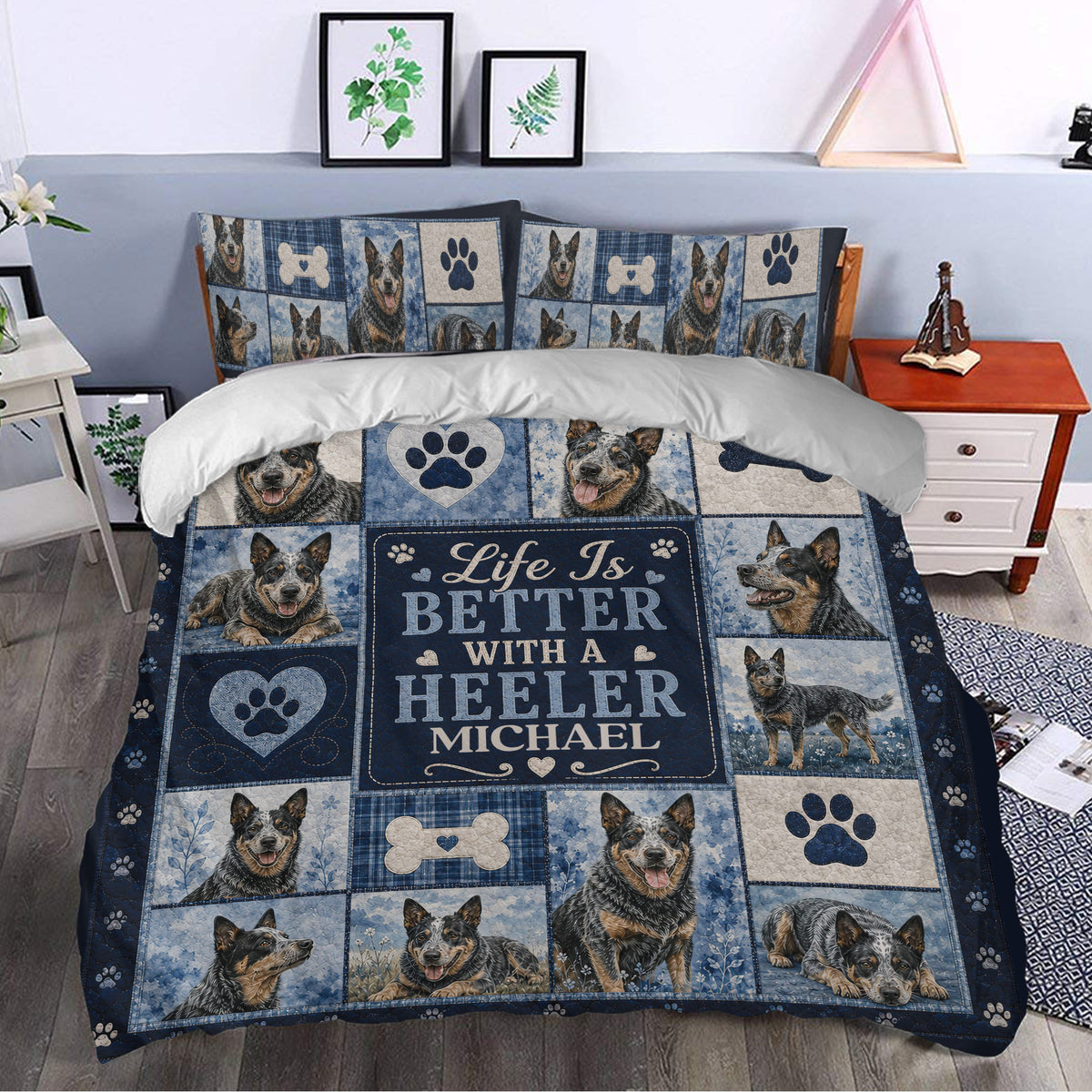 Australian Cattle Dog duvet cover bedding set styled in a bedroom with blue dog-themed artwork and matching pillows