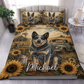 Australian Cattle Dog duvet cover set with sunflowers, vintage truck, rustic farm scene, and matching pillowcases