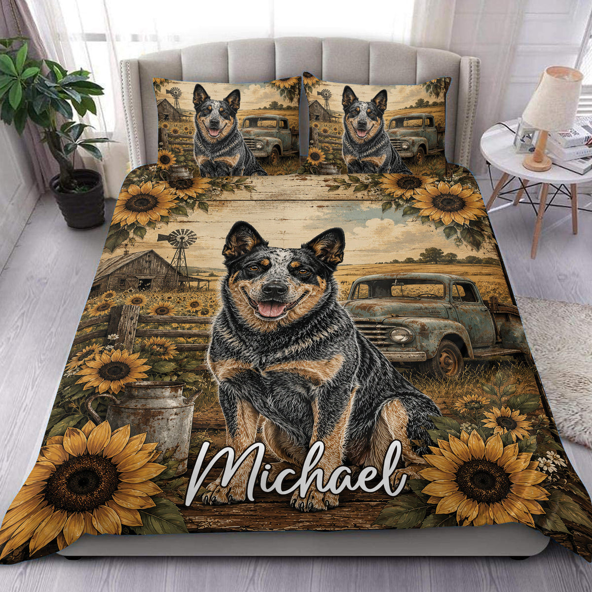 Australian Cattle Dog duvet cover set with sunflowers, vintage truck, rustic farm scene, and matching pillowcases