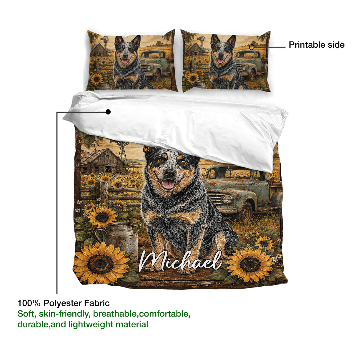 Australian Cattle Dog duvet cover with printable rustic farm artwork and soft polyester fabric details