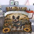 Australian Cattle Dog duvet cover bedding set styled in a bedroom with sunflower and vintage farm artwork