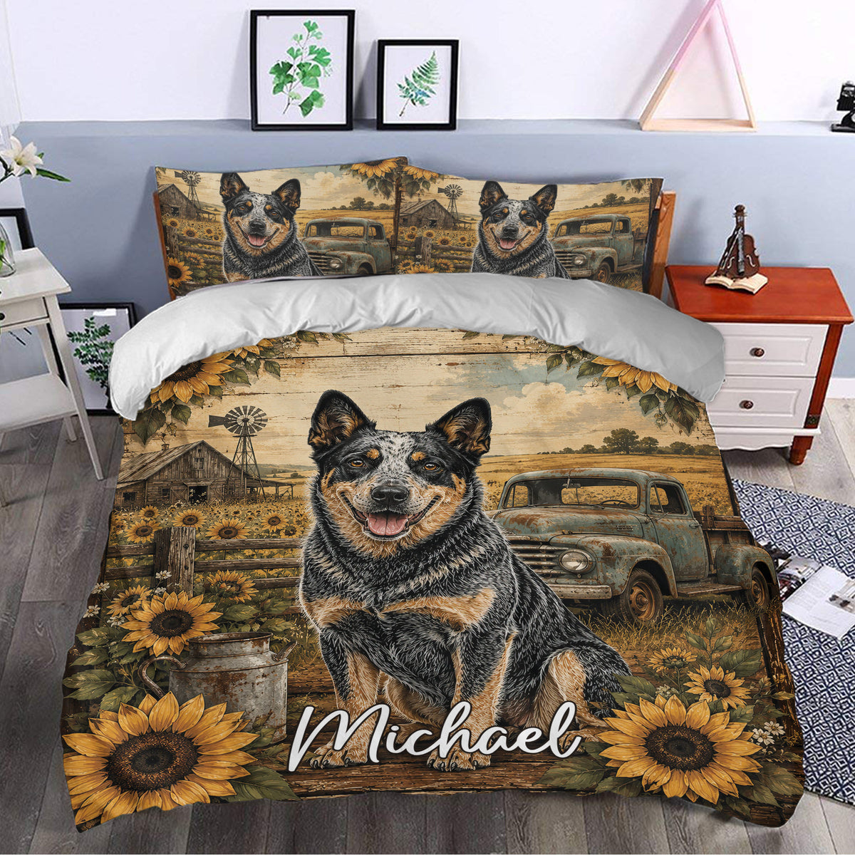 Australian Cattle Dog duvet cover bedding set styled in a bedroom with sunflower and vintage farm artwork