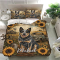 Rustic Australian Cattle Dog bedding set with sunflowers, farmhouse scenery, vintage truck, and matching pillowcases