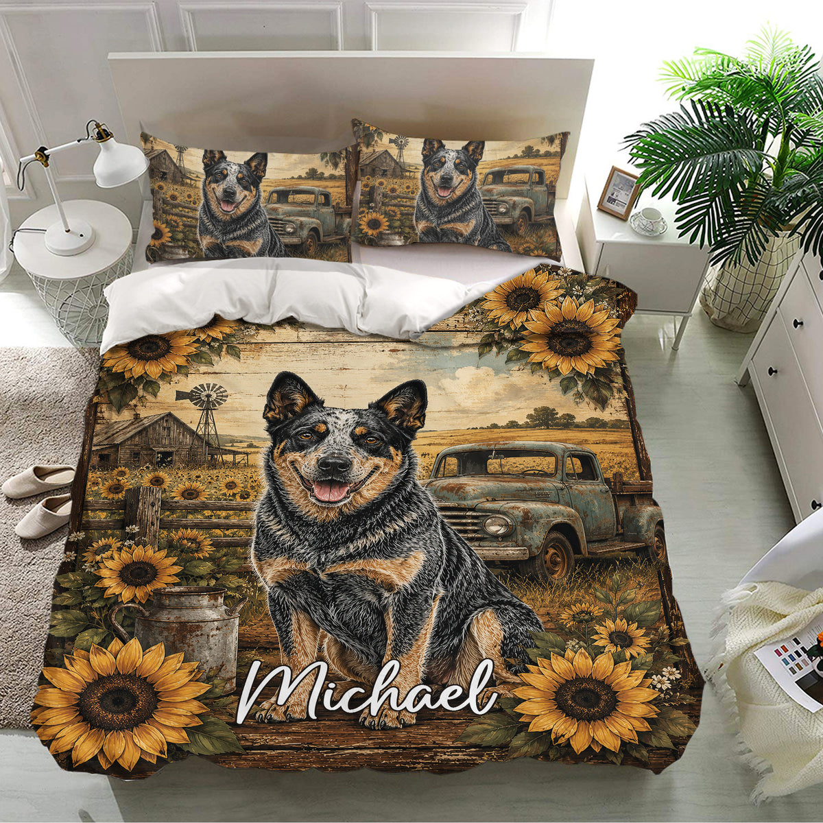 Rustic Australian Cattle Dog bedding set with sunflowers, farmhouse scenery, vintage truck, and matching pillowcases