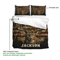 Deer duvet cover and pillowcases presented with an antler design, rustic stripes and a soft white reverse