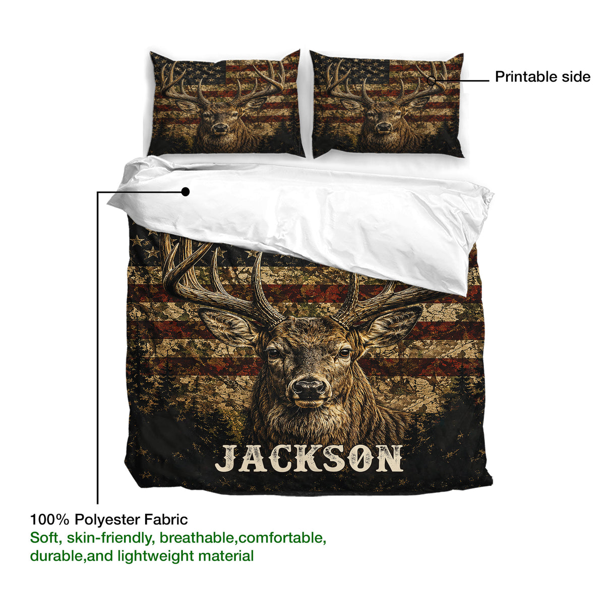 Deer duvet cover and pillowcases presented with an antler design, rustic stripes and a soft white reverse