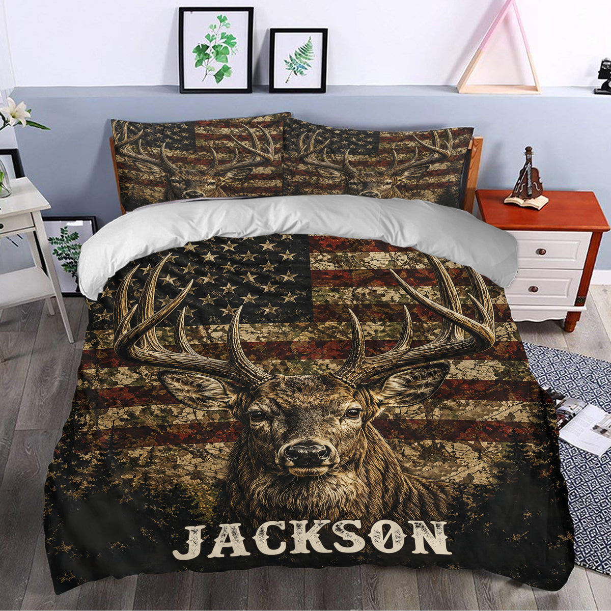 Rustic bedroom styled with deer duvet bedding featuring large antlers, woodland tones and detailed wildlife artwork
