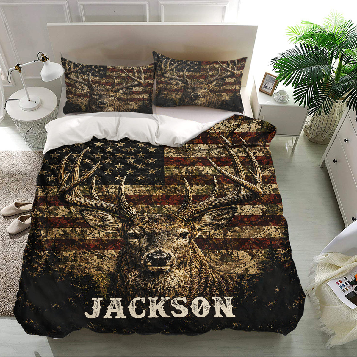 Deer bedding set displayed in a bright bedroom with matching pillowcases and a large antler wildlife design