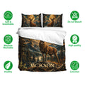 Deer bedding set with stag and mountain artwork shown with care and fabric feature icons