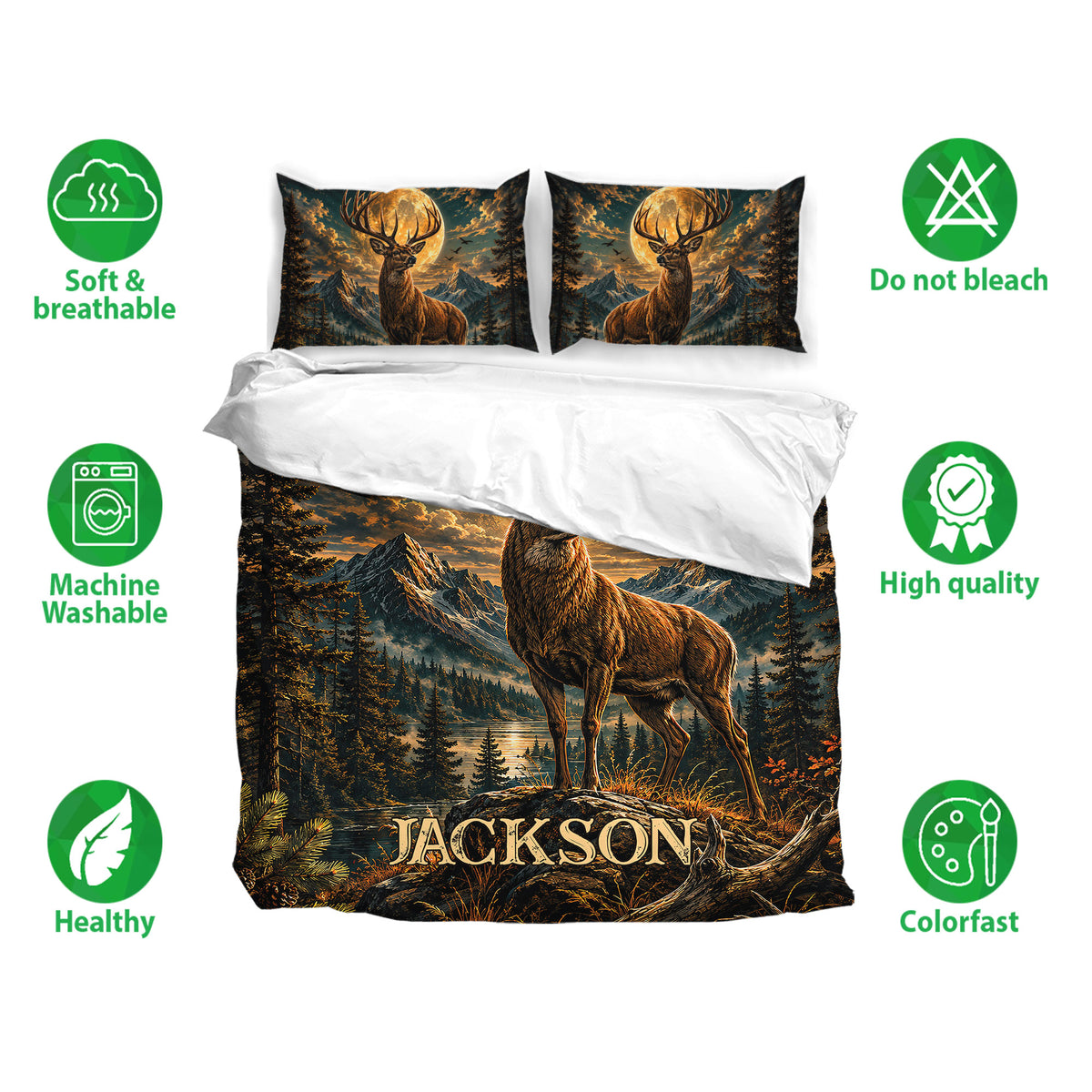 Deer bedding set with stag and mountain artwork shown with care and fabric feature icons