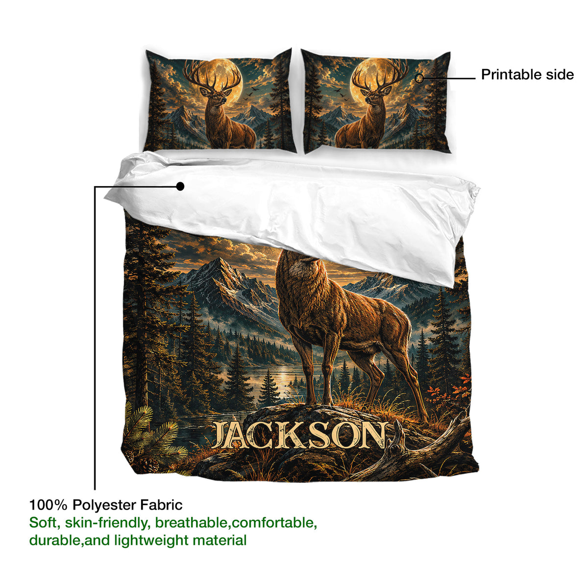 Deer duvet cover featuring a stag in a moonlit mountain landscape with a soft printed side
