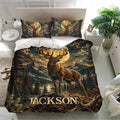 Deer bedding set presented in a bright bedroom with matching stag and moon mountain pillowcase artwork