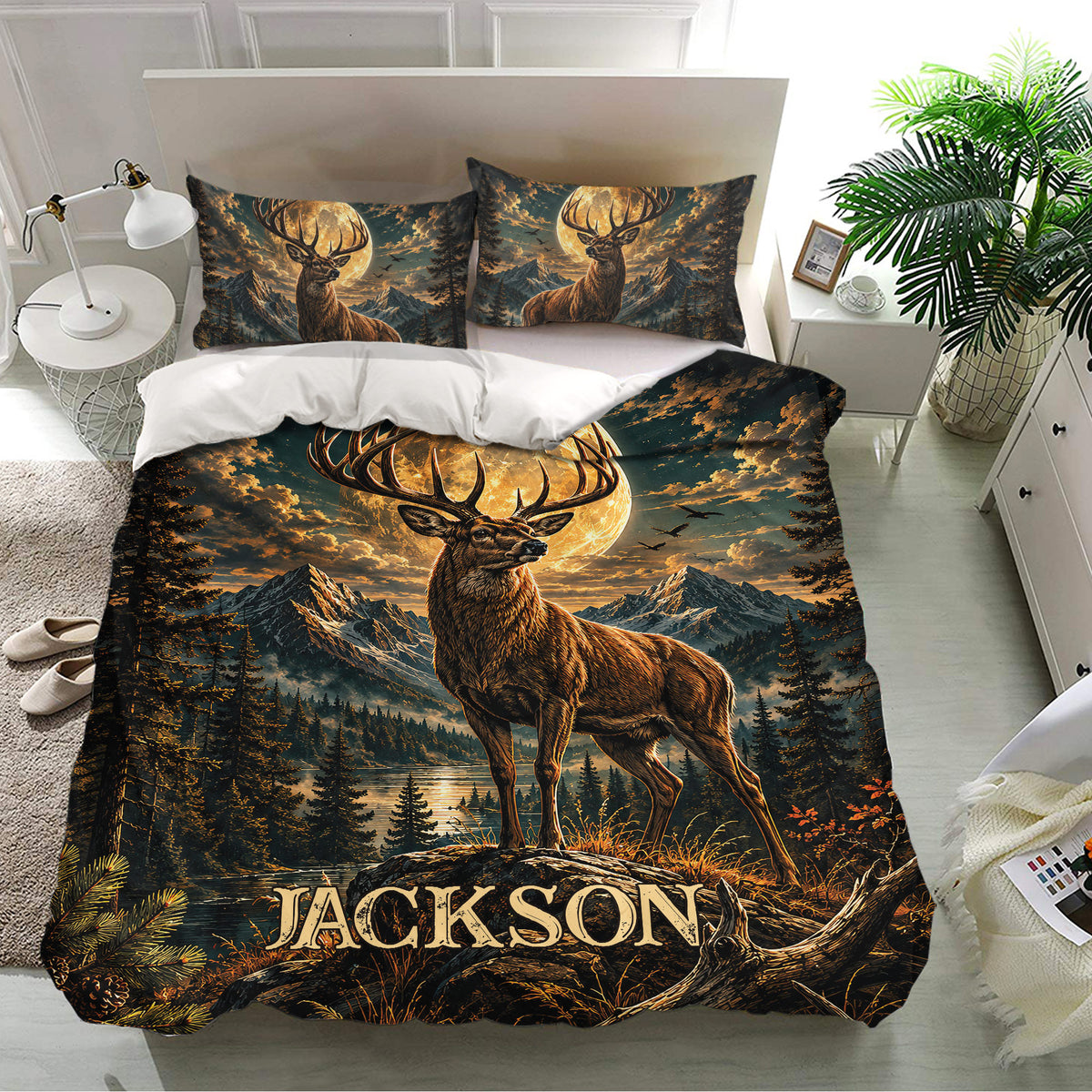 Deer bedding set presented in a bright bedroom with matching stag and moon mountain pillowcase artwork