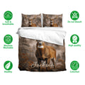 Deer bedding set shown with matching pillowcases and soft breathable fabric feature icons