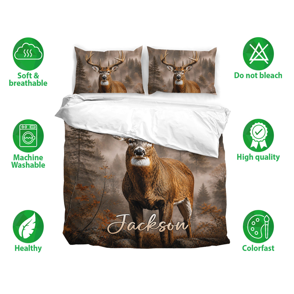 Deer bedding set shown with matching pillowcases and soft breathable fabric feature icons
