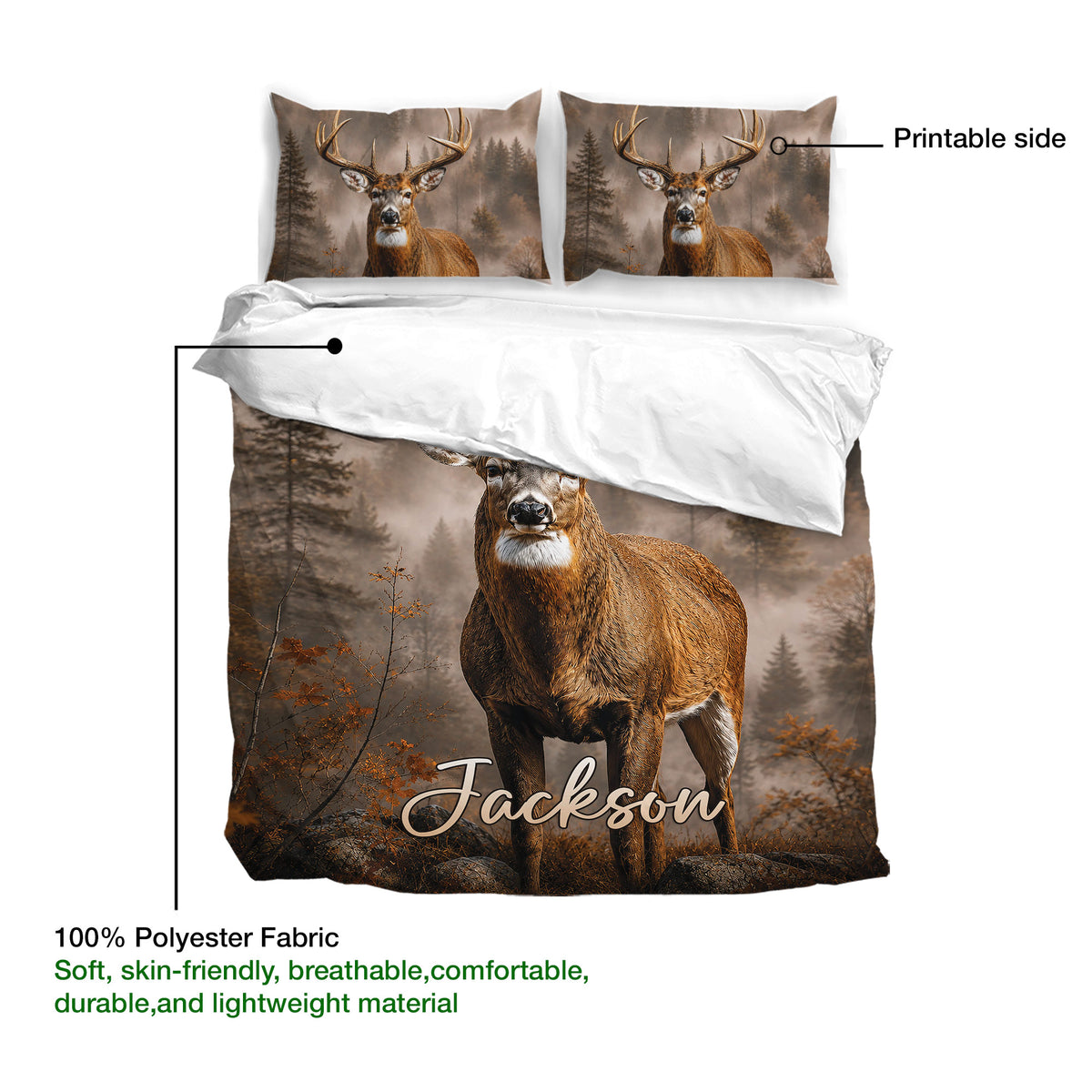 Deer duvet bedding set product view highlighting the printable side and soft polyester fabric