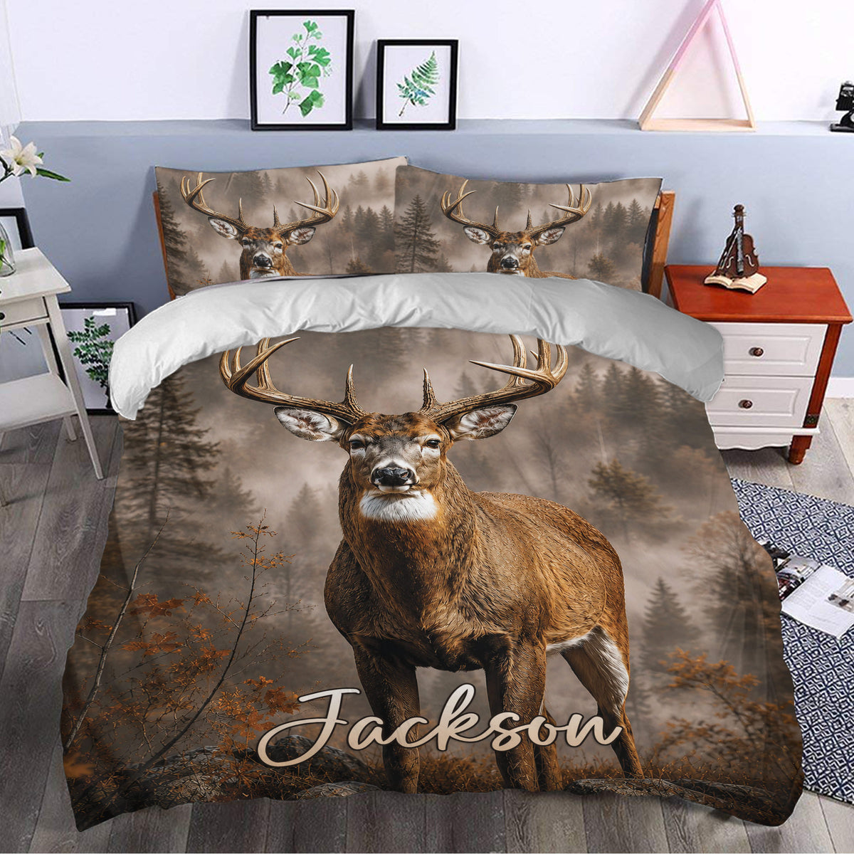 Rustic deer duvet cover set styled in a bedroom with antler artwork and autumn forest scenery