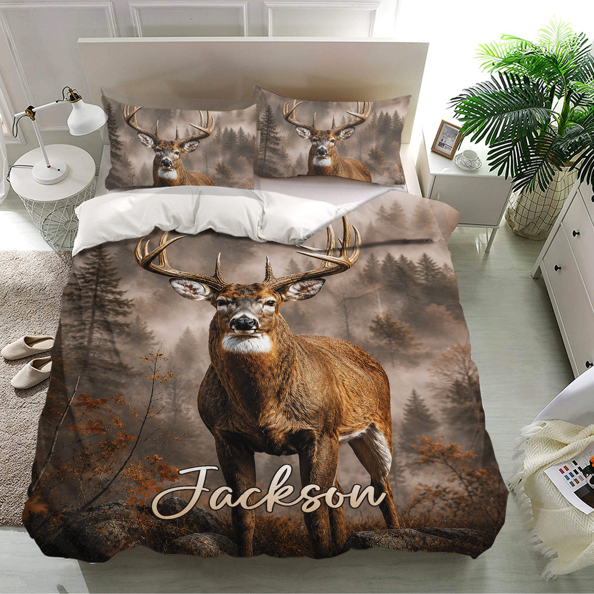 Deer duvet cover bedding set presented in a bright bedroom with matching forest-themed pillows