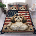 Shih Tzu duvet cover set with patriotic flag artwork, stars, paw prints, and a large dog portrait