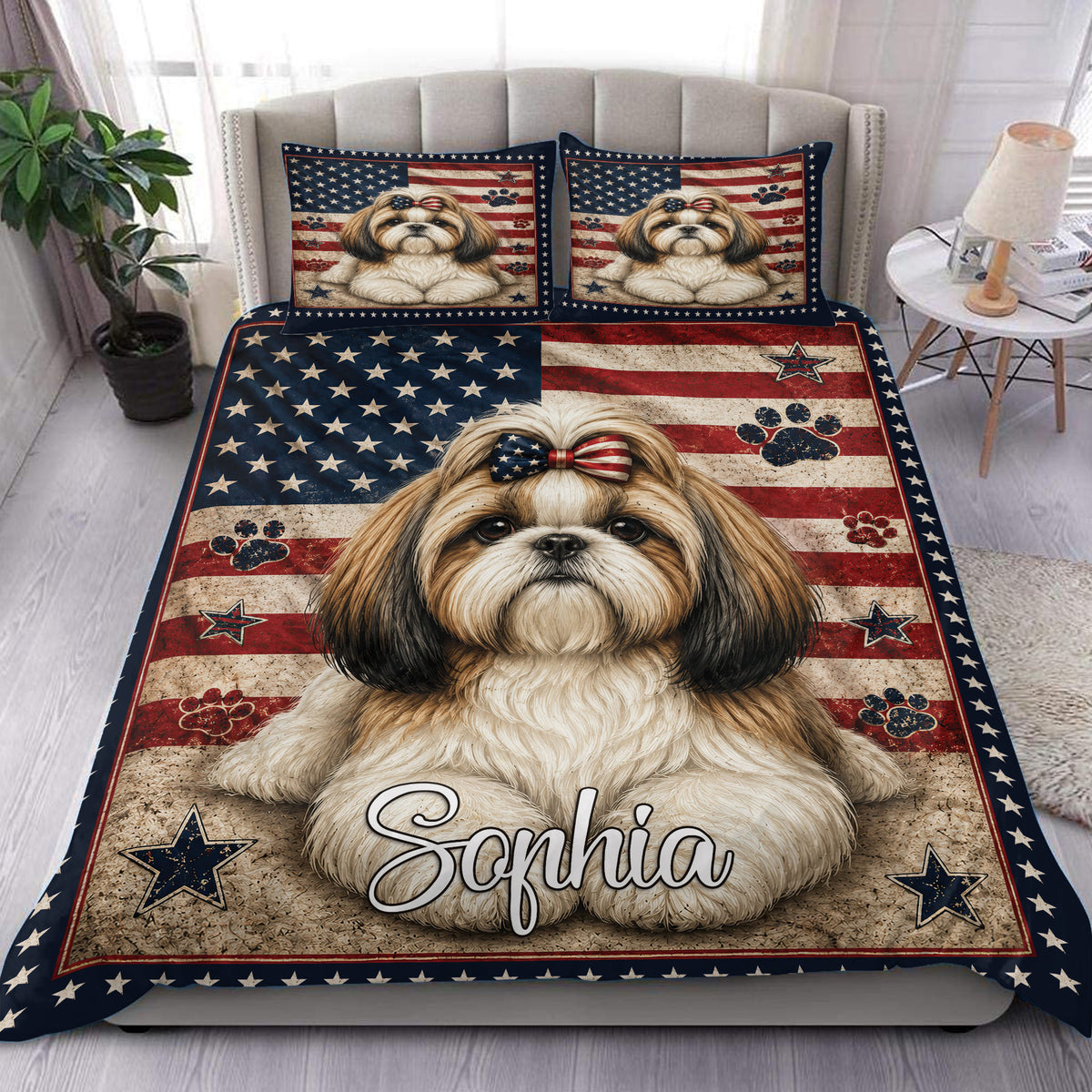 Shih Tzu duvet cover set with patriotic flag artwork, stars, paw prints, and a large dog portrait