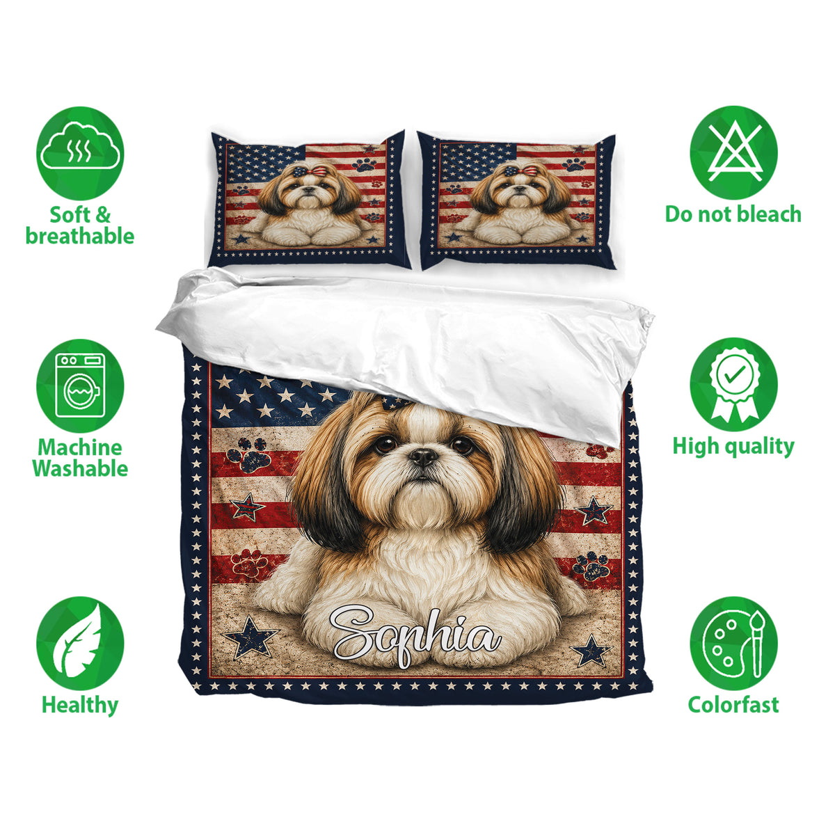Shih Tzu bedding set displayed with matching pillowcases and patriotic red, white, and blue artwork