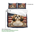 Shih Tzu duvet cover with matching pillowcases, star border, paw prints, and a soft fabric detail view