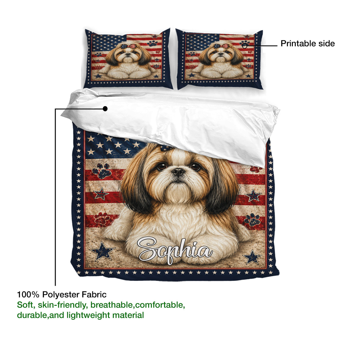 Shih Tzu duvet cover with matching pillowcases, star border, paw prints, and a soft fabric detail view