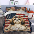 Patriotic Shih Tzu duvet cover set styled in a bedroom with matching dog portrait pillowcases