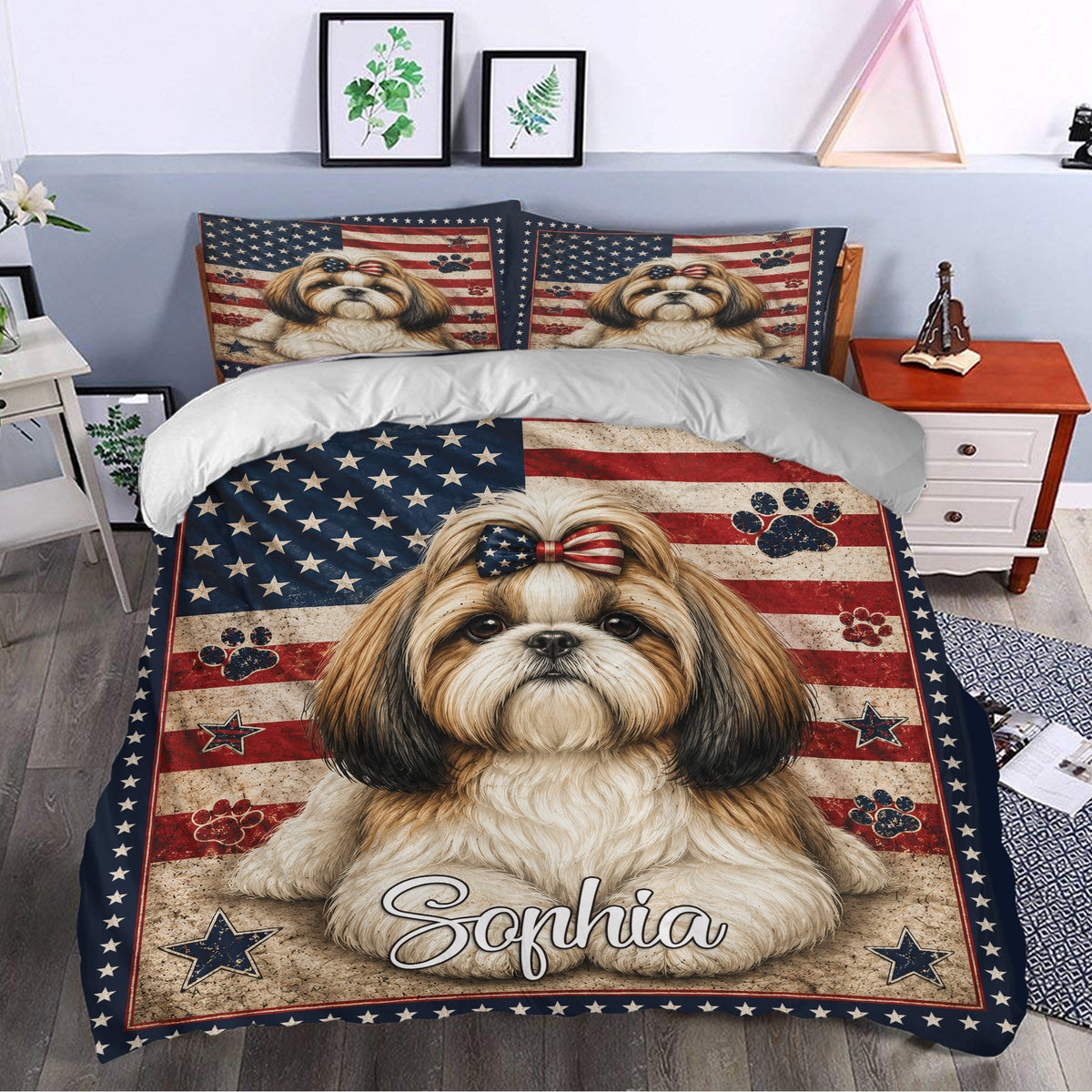 Patriotic Shih Tzu duvet cover set styled in a bedroom with matching dog portrait pillowcases