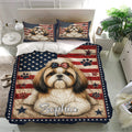 Shih Tzu bedding set shown on a modern bed with American flag colors, stars, and paw print details