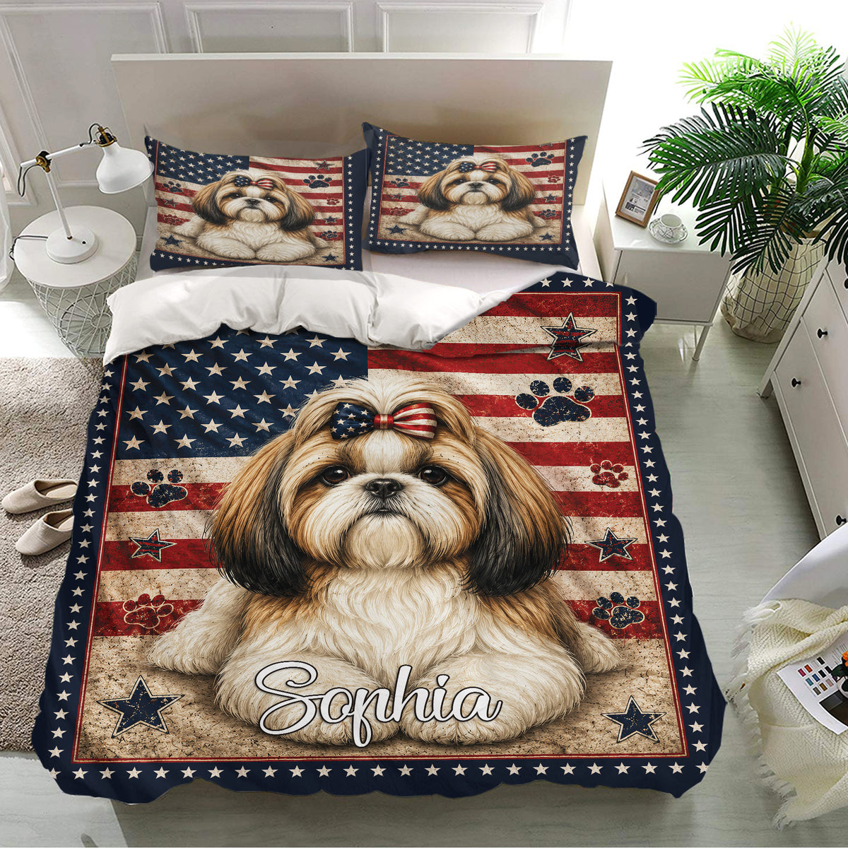 Shih Tzu bedding set shown on a modern bed with American flag colors, stars, and paw print details