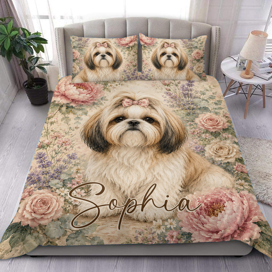 Shih Tzu duvet cover set with a floral portrait, pink bow, roses, and soft pastel bedroom styling
