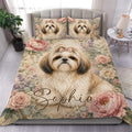 Shih Tzu duvet cover set with a floral portrait, pink bow, roses, and soft pastel bedroom styling