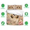 Shih Tzu bedding set displayed with matching pillowcases and icons highlighting soft, breathable fabric care