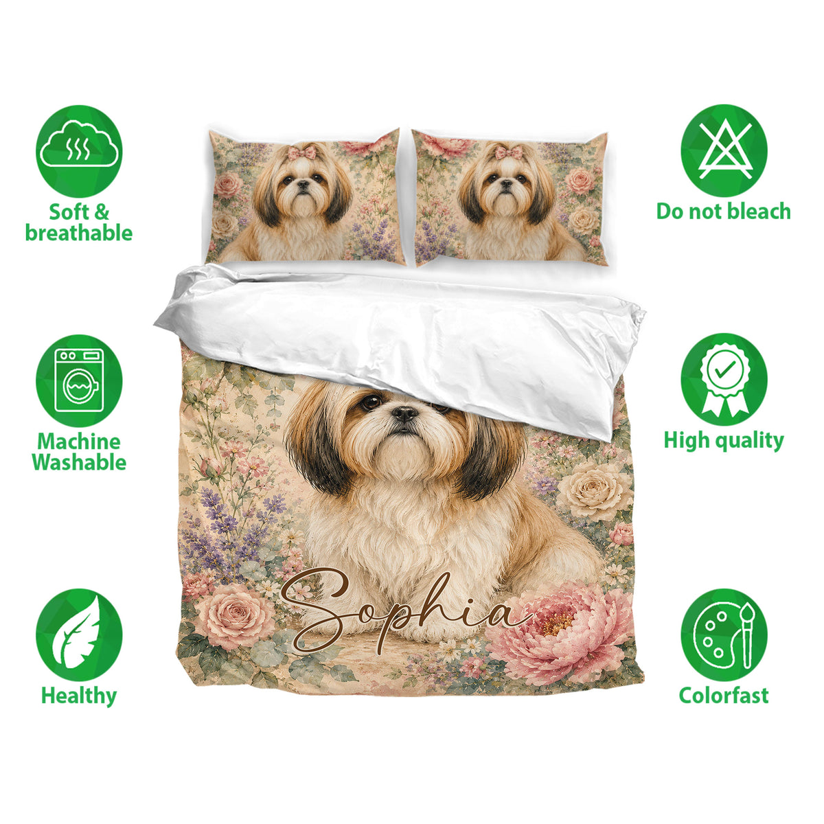 Shih Tzu bedding set displayed with matching pillowcases and icons highlighting soft, breathable fabric care