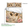 Shih Tzu duvet cover with floral artwork, matching pillowcases, and a labeled printable front side