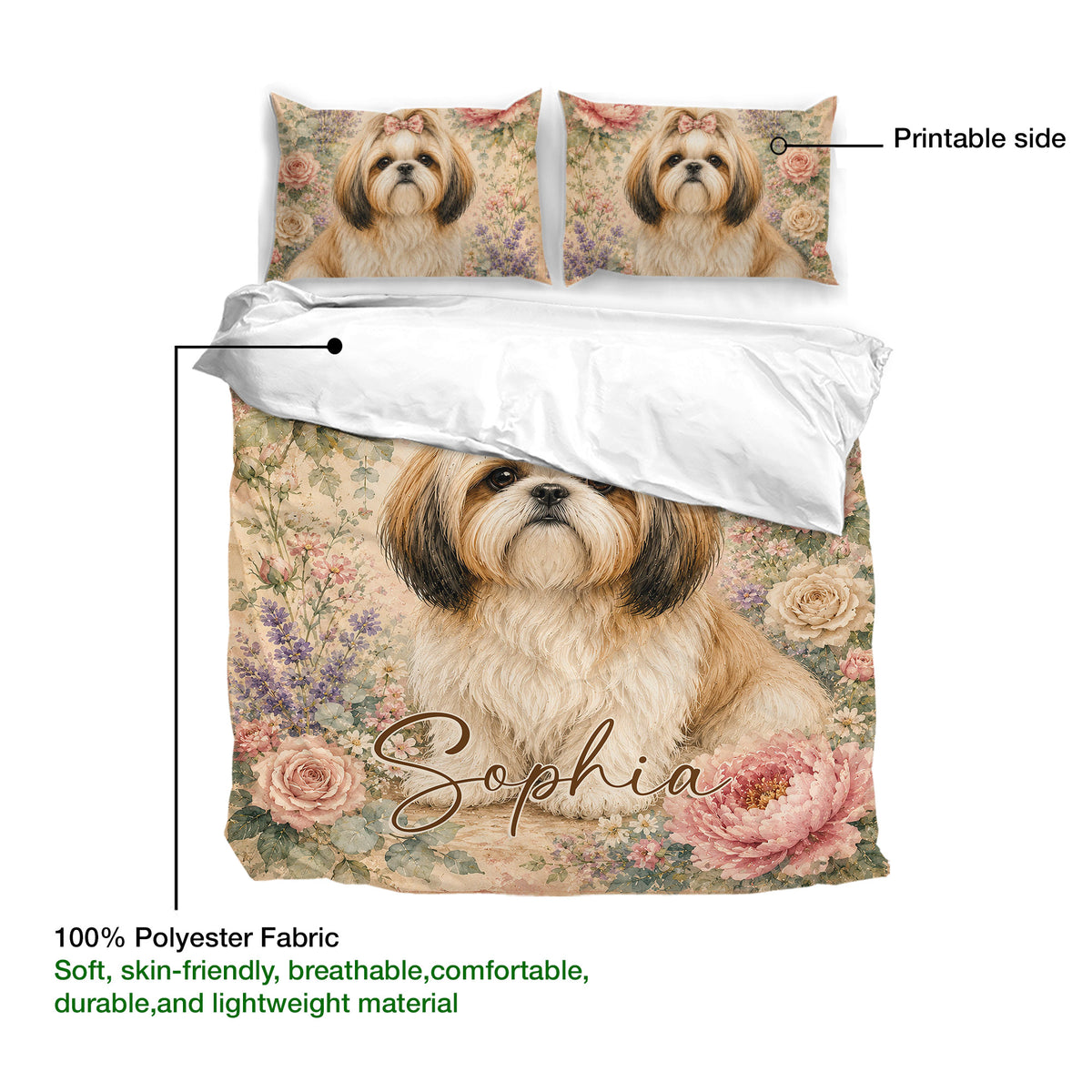 Shih Tzu duvet cover with floral artwork, matching pillowcases, and a labeled printable front side