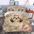 Floral Shih Tzu duvet cover styled in a bright bedroom with matching pillows and elegant decor