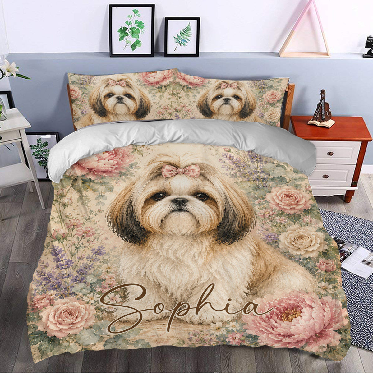 Floral Shih Tzu duvet cover styled in a bright bedroom with matching pillows and elegant decor