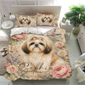 Pastel floral Shih Tzu bedding set shown in a modern bedroom with matching pillowcases