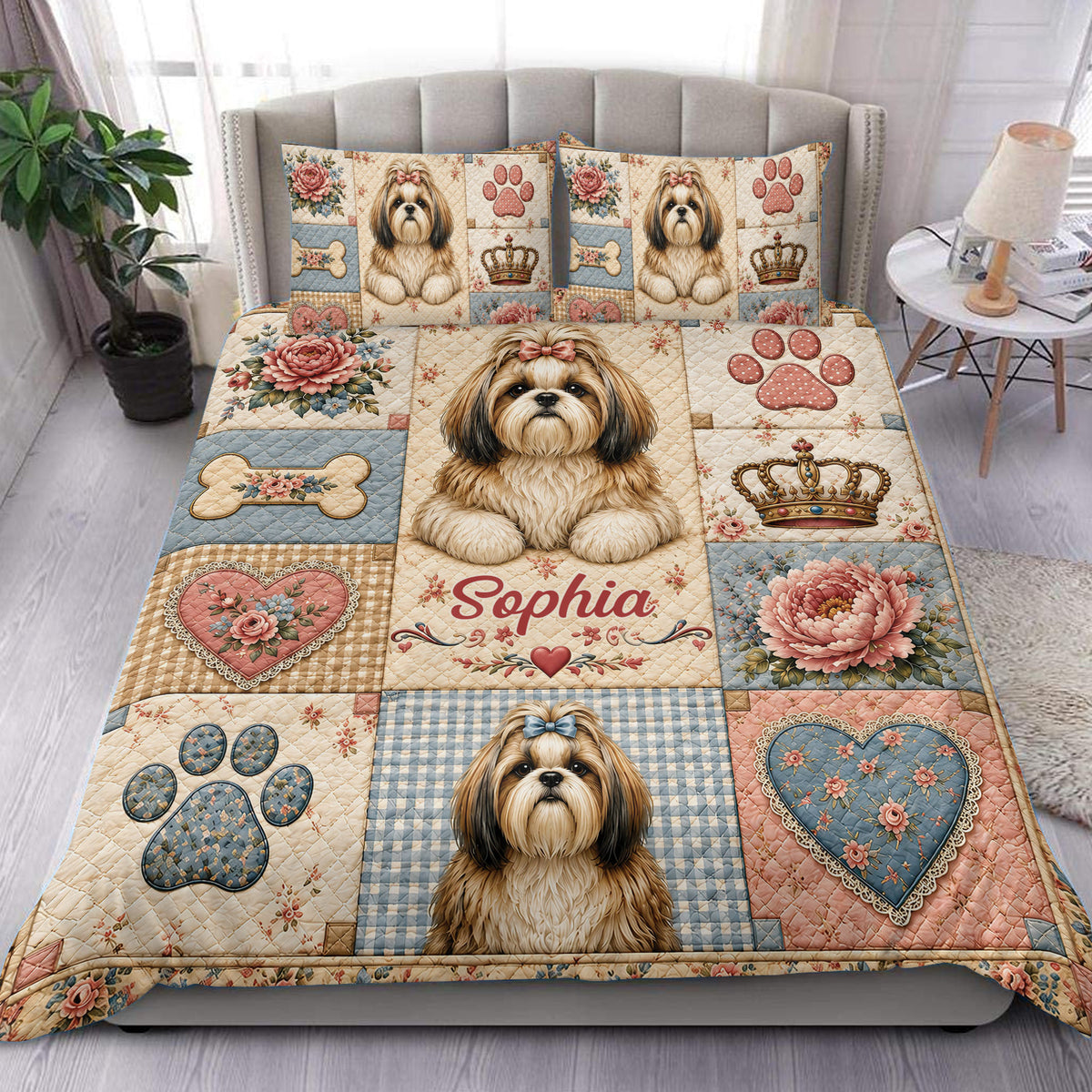 Shih Tzu duvet cover set displayed on a bed with floral patchwork, paw prints, hearts, bones, and crowns